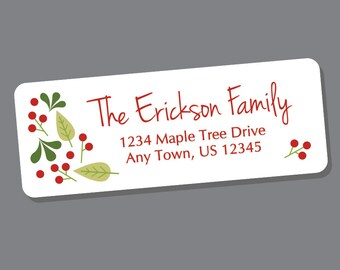 Christmas Address Labels, Winter Return Address Stickers, 60 labels, Christmas Address Stickers, Holiday Labels, Winter Berries Red Green