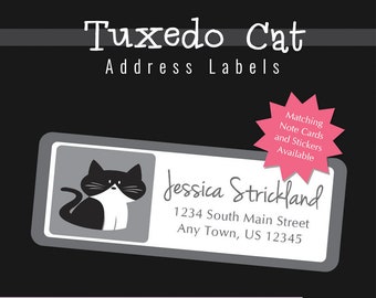 Tuxedo Cat Address Labels, Return Address Labels, Address Stickers, Cat Labels, Personalized Address Labels, Black and White Cat, Black Cat