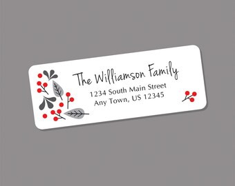 Christmas Address Labels - Winter Berries, gray and red - 60 Stickers