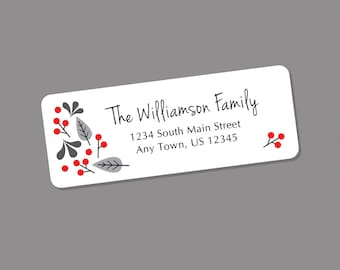 Christmas Address Labels - Winter Berries, gray and red - 60 Stickers