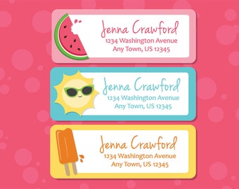 Cute Summer Address Stickers with Watermelon, Sun (with sunglasses!) and Popsicle