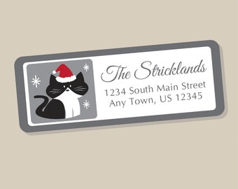 Christmas Cat Address Labels, Holiday Return Address Label Stickers, 60 labels, Christmas Address Stickers, Holiday Labels, Tuxedo Cat