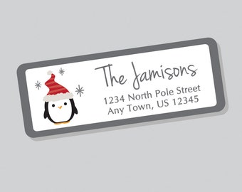 Personalized Christmas Penguin Address Labels, Holiday Stickers