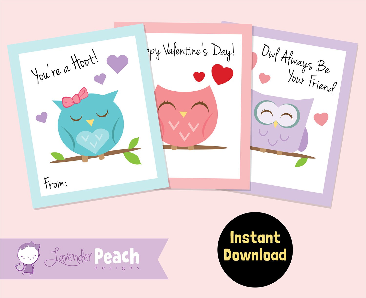 Owl Valentines - DIGITAL DOWNLOAD - Cute Printable Valentine Cards