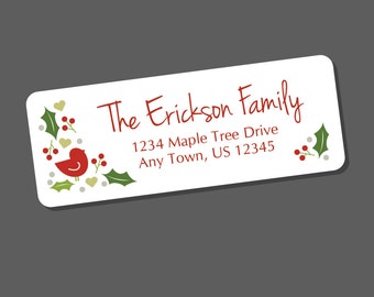 Custom Christmas Address Labels - Red Bird with Holly Design