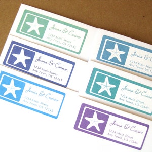 May include: Five different return address labels with a starfish design in various colors. The labels read "Jenna & Connor" with an address below.