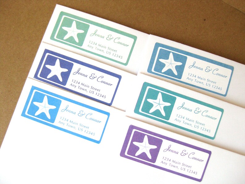 May include: Five different return address labels with a starfish design in various colors. The labels read "Jenna & Connor" with an address below.