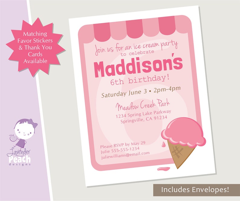 Ice Cream Party Invitation Birthday Invitation, Girls Birthday, Ice Cream Birthday Invitations, Ice Cream Social image 1