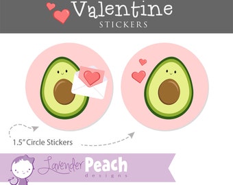 Avocado Valentine Stickers - Planner stickers, Valentine's Day decorations, 1.5" Round Labels