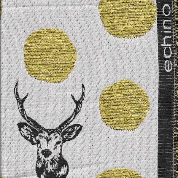 echino Jacquard samber- Home Decor 42” wide - approx 1-1/2 meters (58”) - beautiful metallic gold, creams and black deer heads  - 2015