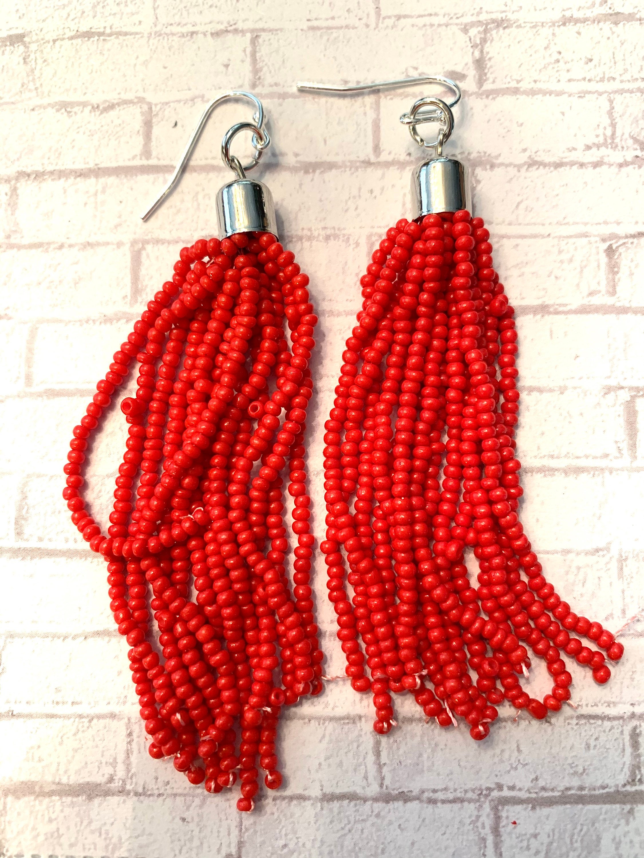 Red beaded dangle earrings Etsy
