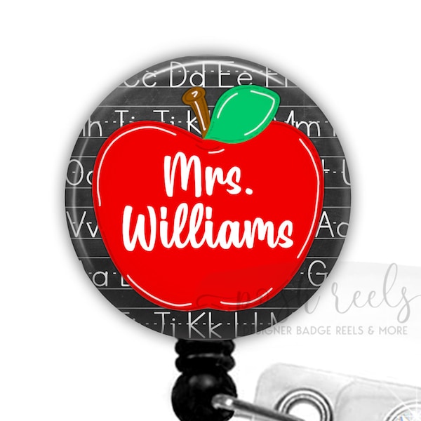 Apple Badge Reel For Teacher  - Chalkboard Teacher Badge Reel - Apple Badge Reel Holder -  Apple Teacher Lanyard - Apple Carabiner - 2304