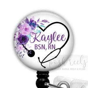 Retractable Badge Holder - Purple Floral Stethoscope Badge Reel Holder - Nurse Badge Reel, Stethoscope ID Tag, Carabiner or Lanyard - 2324