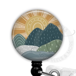 Mountains Badge Reel - Nature Mountain Scene Badge Reel - Boho Mountains Badge Pull - Nurse Stethoscope Id Tag, Carabiner, Lanyard - 2118