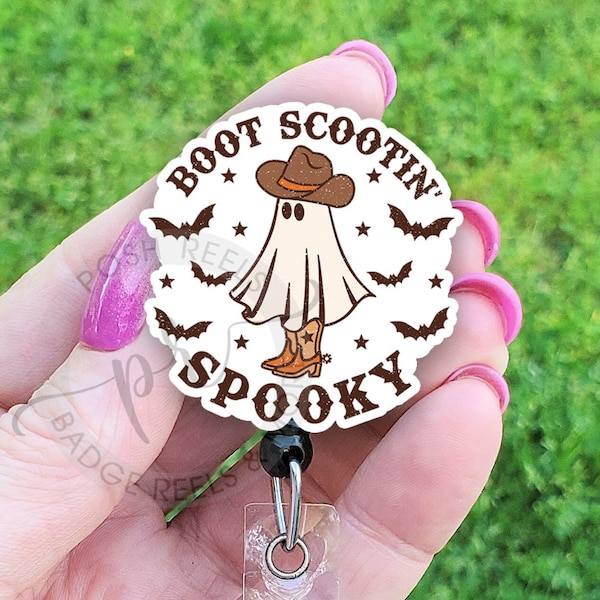 Western Ghost Badge Reel - Halloween Cowgirl Badge Reel, Boot Scootin' Spooky Ghost Badge,  Holiday Carabiner, Halloween Teacher Lanyard