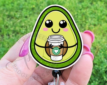 Cute Avocado Holding Coffee Badge Reel, Funny Badge Reel Holder, Food Pun, Handmade Acrylic Badge Reel, Teacher, Nurse, Carabiner, Lanyard