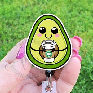 Cute Avocado Holding Coffee Badge Reel, Funny Badge Reel Holder, Food Pun, Handmade Acrylic Badge Reel, Teacher, Nurse, Carabiner, Lanyard
