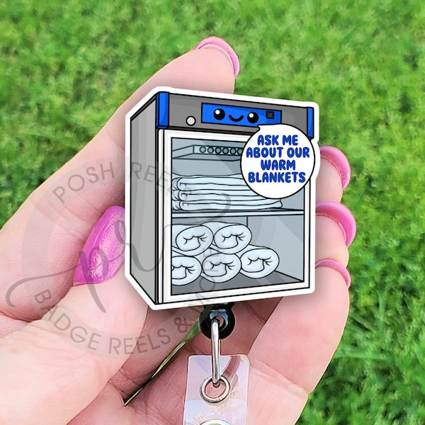 Ask Me About Our Warm Blankets Badge Reel, Cute Blanket Warmer Badge Reel ID Holder, Handmade Badge Reel Holder, Lanyard