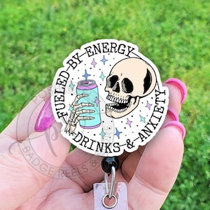 Fueled By Energy Drinks and Anxiety Badge Reel, Funny Energy Drinks Skull Badge ID Holder, Handmade Badge Reel Holder, Carabiner, Lanyard