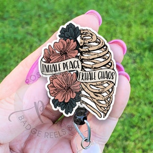 Inhale Peace Exhale Chaos Badge Reel - Acrylic Floral Rib Cage - Motivational - Nurse Badge Pull, Stethoscope Tag, Carabiner, Lanyard