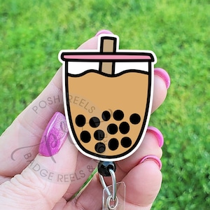 Cute Boba Tea Badge Reel, Acrylic Bubble Tea Badge ID Holder, Tea Lover Gift, Handmade Badge Reel Holder, Nurse, Teacher Lanyard image 1