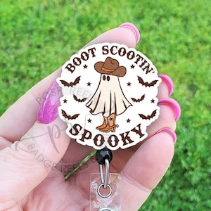 Western Ghost Badge Reel - Halloween Cowgirl Badge Reel, Boot Scootin&#39; Spooky Ghost Badge,  Holiday Carabiner, Halloween Teacher Lanyard