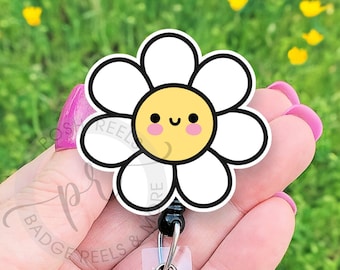 Cute Daisy Flower Badge Reel, Spring Badge Reel ID Holder, Handmade Flower Acrylic Badge Reel, Nurse Badge Pull, Floral Teacher Lanyard