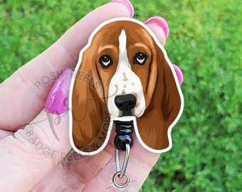 Basset Hound Badge Reel - Basset Hound Mom Lover Gift, Vet Tech Badge Reel, Nurse Badge Pull, Stethoscope Tag, Carabiner, Lanyard