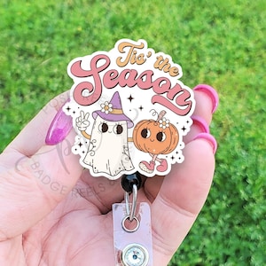 Ghost and Pumpkin Badge Reel - Cute Halloween Badge Reel, Tis The Season Halloween Badge Reel Holder, Carabiner, Teacher Lanyard
