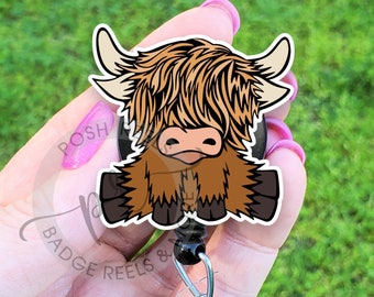 Acrylic Highland Cow Badge Reel, Cute and Durable ID Holder, Perfect Gift for Nurses and Cow Lovers, Handmade Highland Cow Accessories