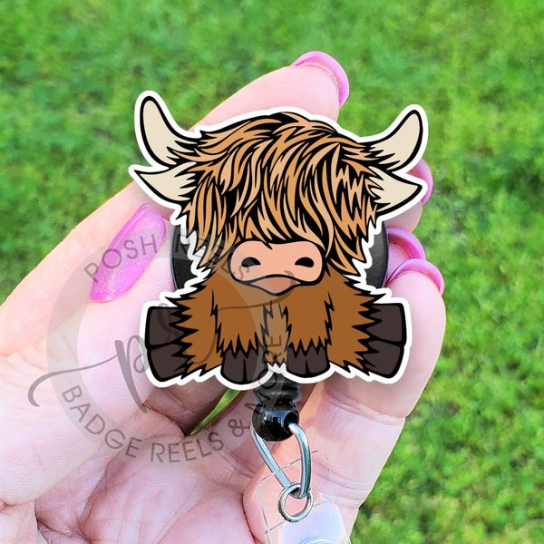 Acrylic Highland Cow Badge Reel, Cute and Durable ID Holder, Perfect Gift for Nurses and Cow Lovers, Handmade Highland Cow Accessories