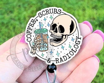 Coffee, Scrubs and Radiology Badge Reel, Skull Radiologist Badge ID Holder, Handmade Radiology Tech Badge Reel Holder, Carabiner, Lanyard