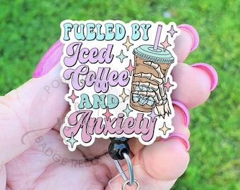 Fueled By Iced Coffee and Anxiety Badge Reel, Funny Ice Coffee Skull Badge ID Holder, Handmade Acrylic Badge Reel Holder, Lanyard