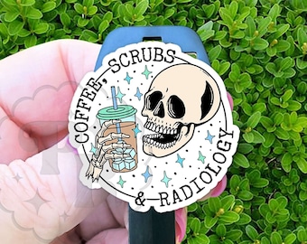 Funny MRI Safe Retractable Badge Reel - Coffee, Scrubs and Radiology - Non-Magnetic Plastic Badge Reel, Non-Ferrous Metal, MRI Tech Gift