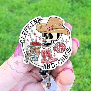 Funny "Caffeine And Chaos" Badge Reel, Iced Coffee Cowgirl Badge Reel ID Holder, Handmade Acrylic Badge Reel, Badge Pull, Teacher Lanyard