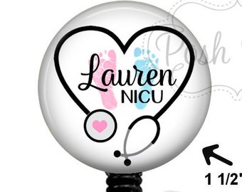 NICU Badge Reel - L&D Badge Holder - NICU Nurse Badge Reel Holder - Baby Feet Badge Reel, Stethoscope ID Tag, Carabiner or Lanyard - 1734