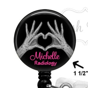 Retractable Badge Holder - Radiology Badge Reel - X Ray Badge Holder -  Heart Shaped Hands X Ray Badge Reel, Carabiner or Lanyard - 1008