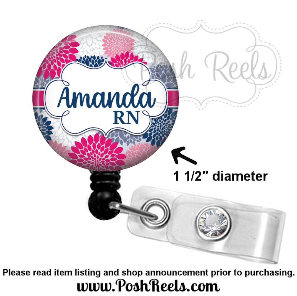 Retractable Floral Badge Reel - Personalized Floral Badge Holder - Ba…
