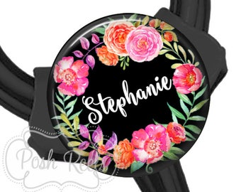 Black & Pink Floral Wreath Stethoscope ID Tag n Cardiology Stethoscope ID Tag - Fits All Stethoscopes At The Yoke  - 1682