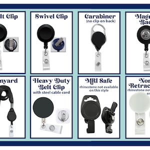 May include: A variety of retractable badge holders with different attachment options, including a belt clip, swivel clip, carabiner, magnet back, lanyard, heavy duty belt clip, MRI safe, and non-retractable.