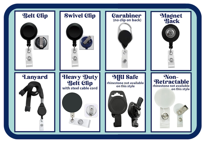 May include: A variety of retractable badge holders with different attachment options, including a belt clip, swivel clip, carabiner, magnet back, lanyard, heavy duty belt clip, MRI safe, and non-retractable.