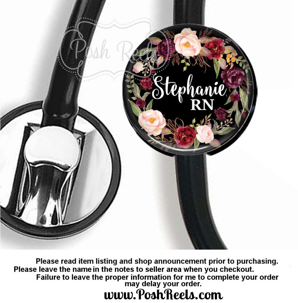 Stethoscope ID tag, Burgundy Floral Stethoscope Id Tag - Nurse Stetho…
