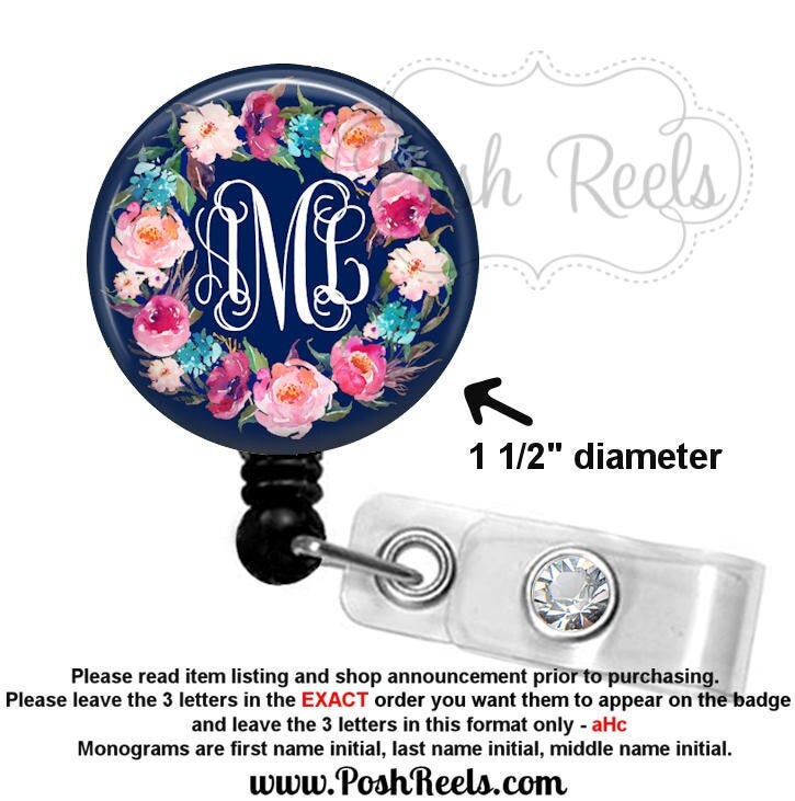 Monogram Badge Reel Holder - Navy and Pink Floral Badge Reel ID Holde…