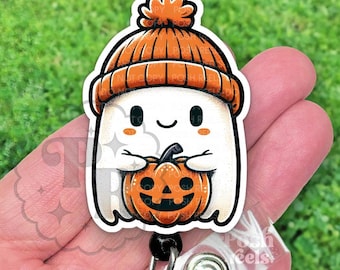 Cute Fall Ghost Holding Pumpkin Badge Reel - Halloween Ghost Acrylic Retractable Badge Holder, Heavy Duty, MRI Safe, Nurse or Teacher Gift