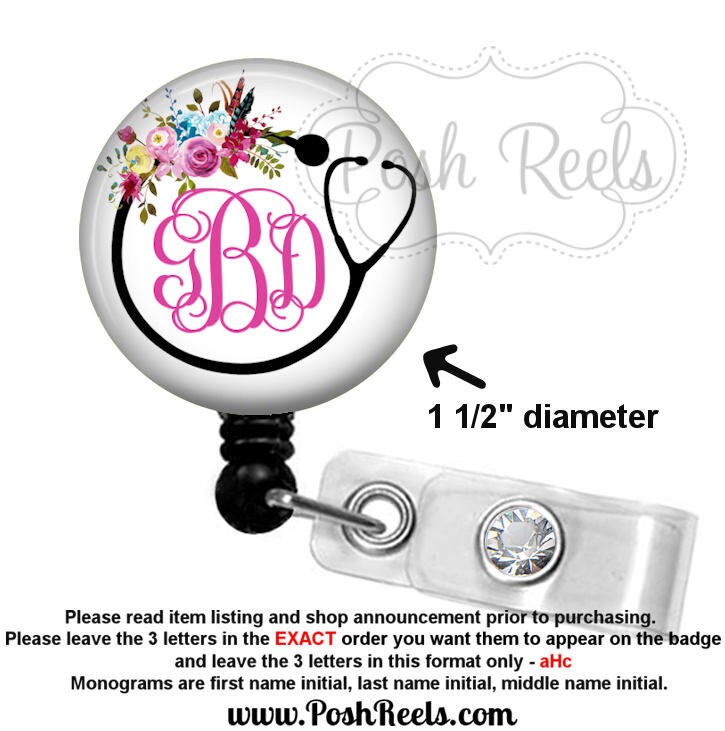 Floral Monogram Badge Reel Holder - Floral Stethoscope Badge Reel - R…