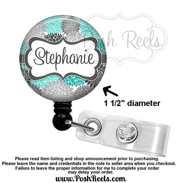 Retractable Badge Holder - Teal and Gray Floral Badge Reel - Choice o…