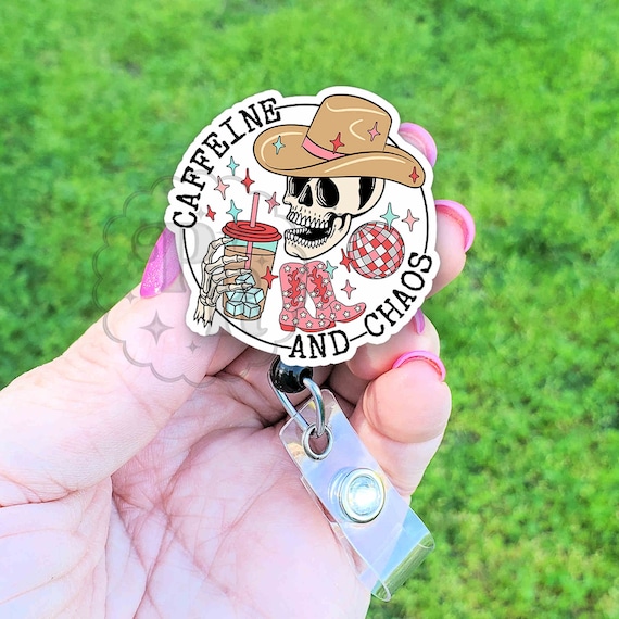 Funny caffeine and Chaos Badge Reel, Iced Coffee Cowgirl Badge