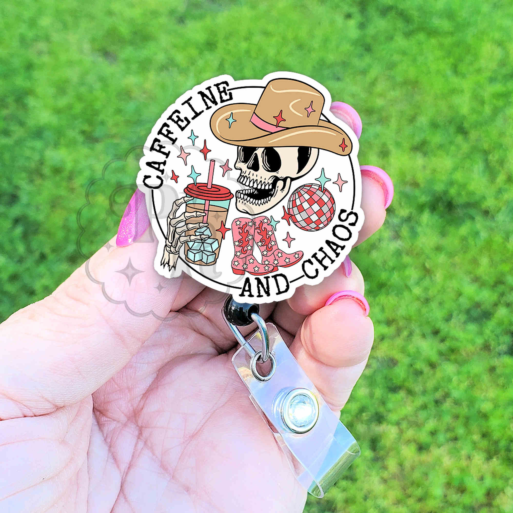 Funny caffeine and Chaos Badge Reel, Iced Coffee Cowgirl Badge