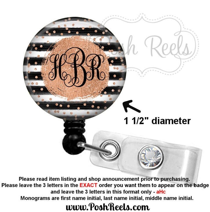 Rose Gold Badge Reel - Black and Rose Gold Monogram Badge Reel - Choi…