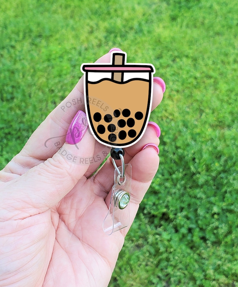 Cute Boba Tea Badge Reel, Acrylic Bubble Tea Badge ID Holder, Tea Lover Gift, Handmade Badge Reel Holder, Nurse, Teacher Lanyard image 1